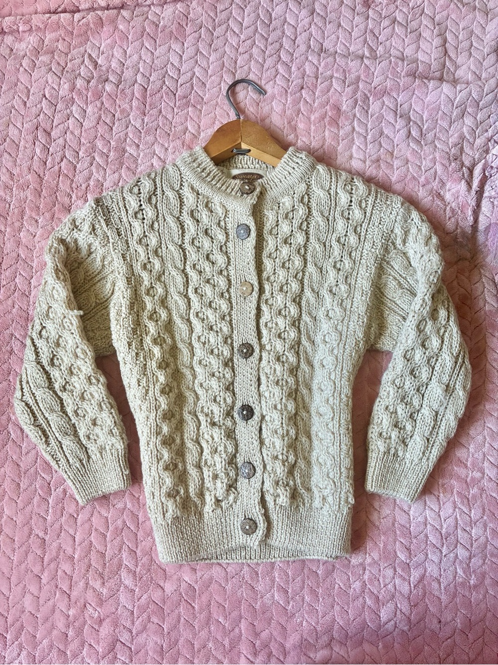 Vintage Pure Merino Wool “Sweaters of Ireland” Hand-Finished Chunky Cardigan
